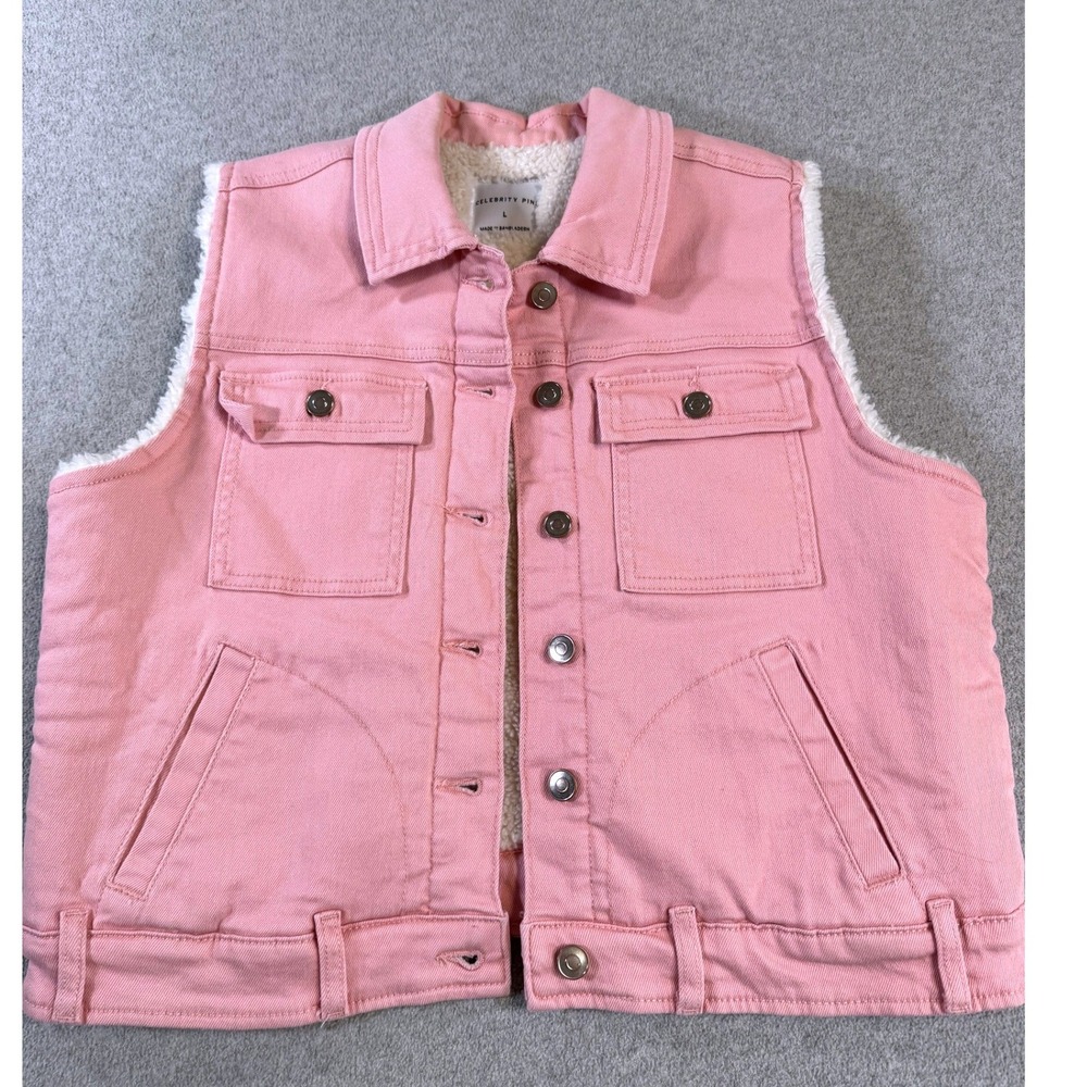 Celebrity Pink Denim Vest Womens Large Pink Faux Shearling Lined Trucker Vest